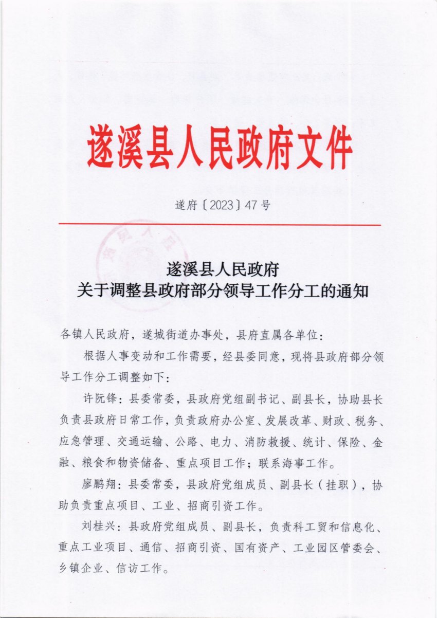 遂溪縣人民政府關于調(diào)整縣政府部分領導工作分工的通知_00.png